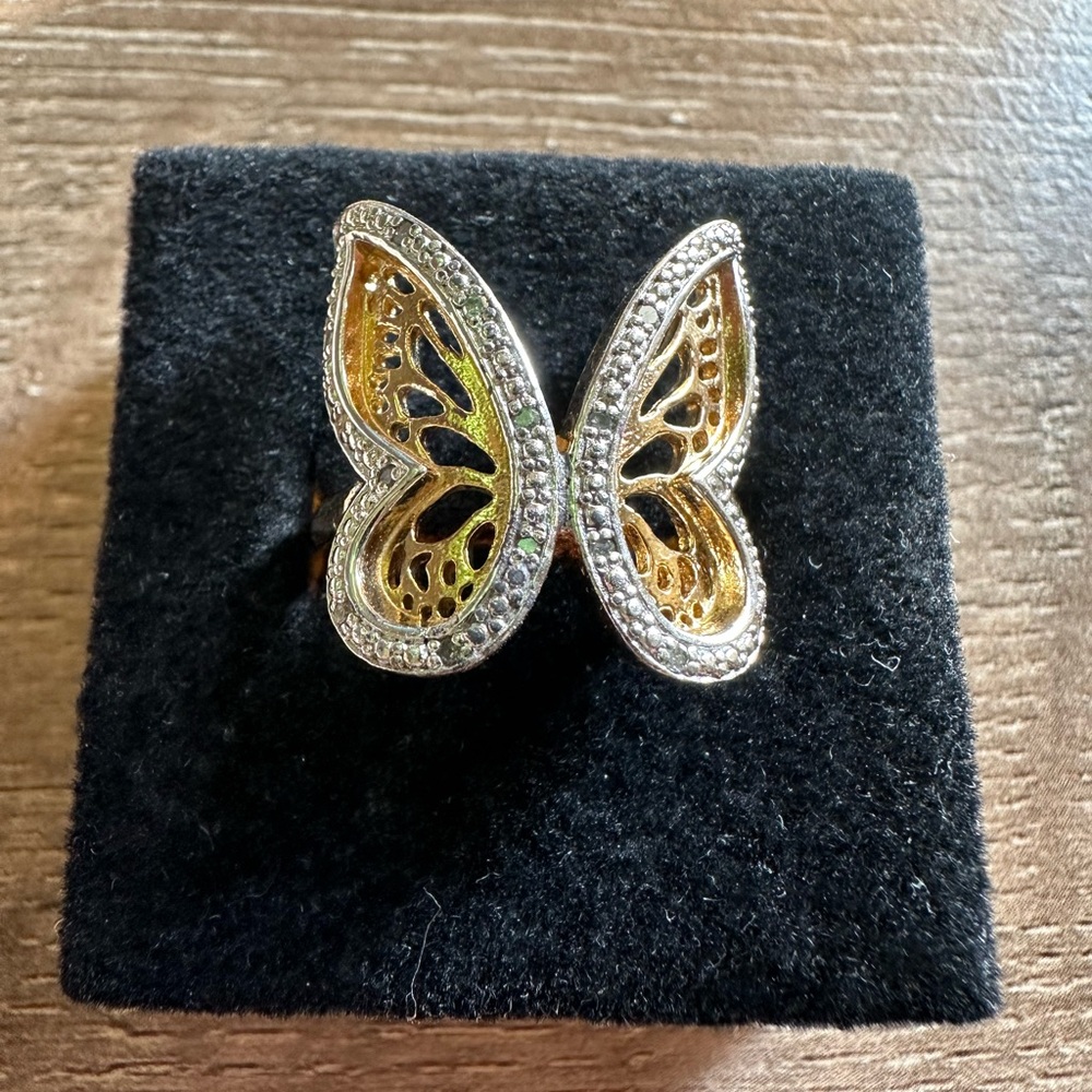 DBJ DEE BERKLE Sterling Silver Gold Plated Real Diamond Butterfly Ring Size 7